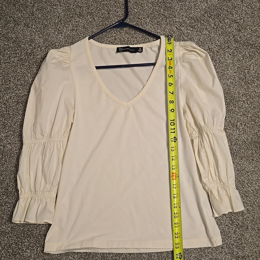 New York & Company Cream Blouse with Puff Sleeves